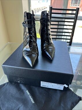 Saint Laurent Black Croc-Embossed Lace Up Boots - Mini kitten heel for comfort.